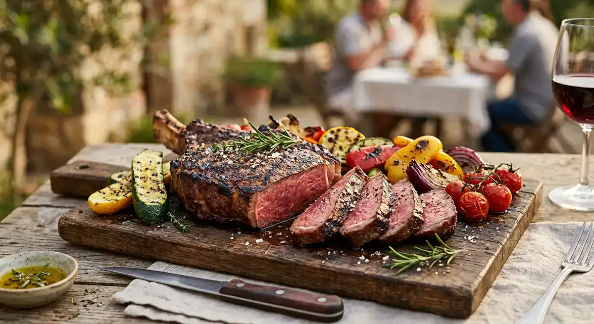 Côte de bœuf au romarin et légumes d'été grillés sur une terrasse
