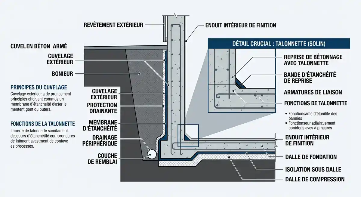 Schéma technique d'un cuvelage de mur enterré avec détail de la talonnette d'étanchéité