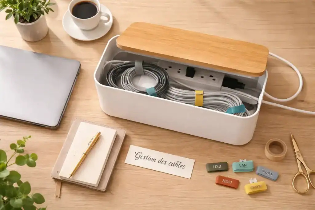 Boite pour ranger les cables avec multiprise et accessoires