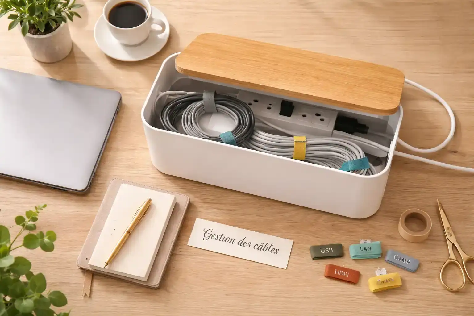 Boite pour ranger les cables avec multiprise et accessoires