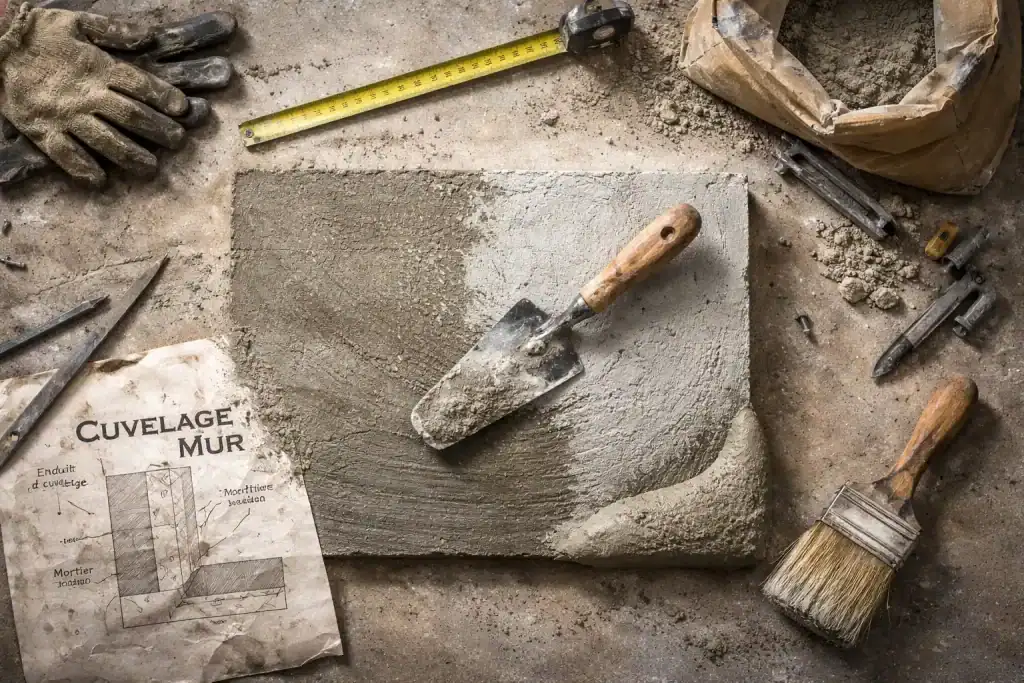 cuvelage mur avec outils et enduit