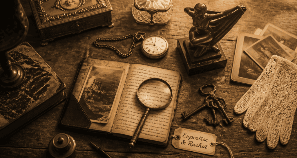 antiquaire rachat objets anciens sur table