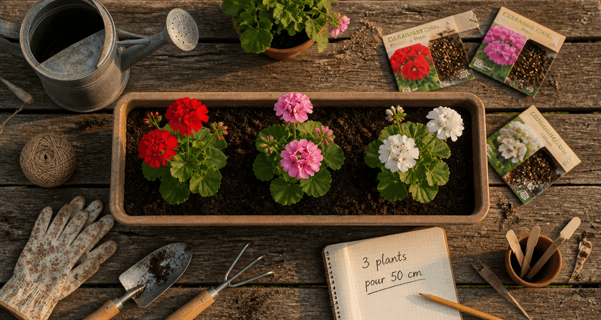 combien de géranium dans une jardinière de 50 cm, vue de dessus