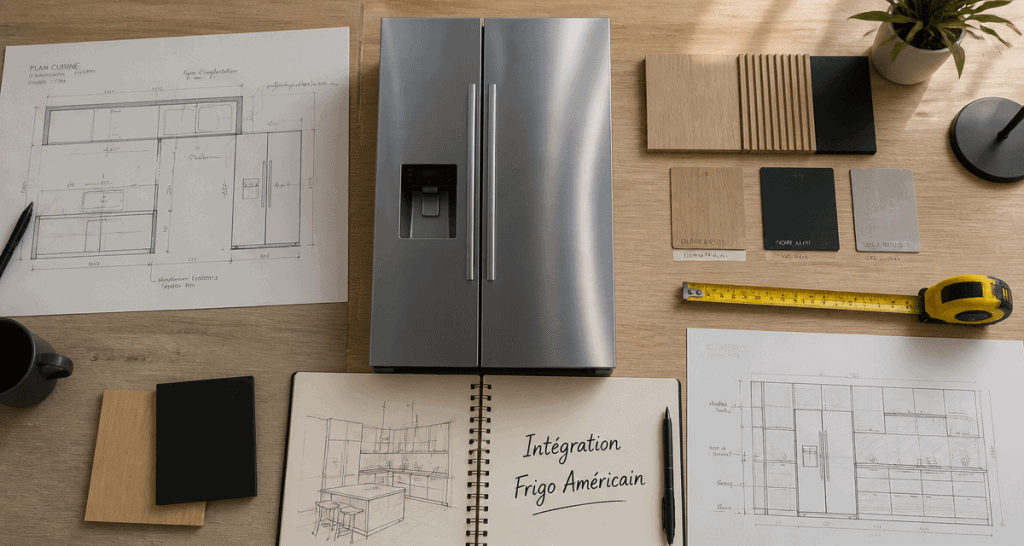 comment intégrer un frigo américain dans une cuisine, vue flat-lay moderne