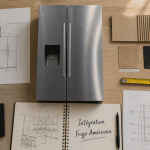 comment intégrer un frigo américain dans une cuisine, vue flat-lay moderne