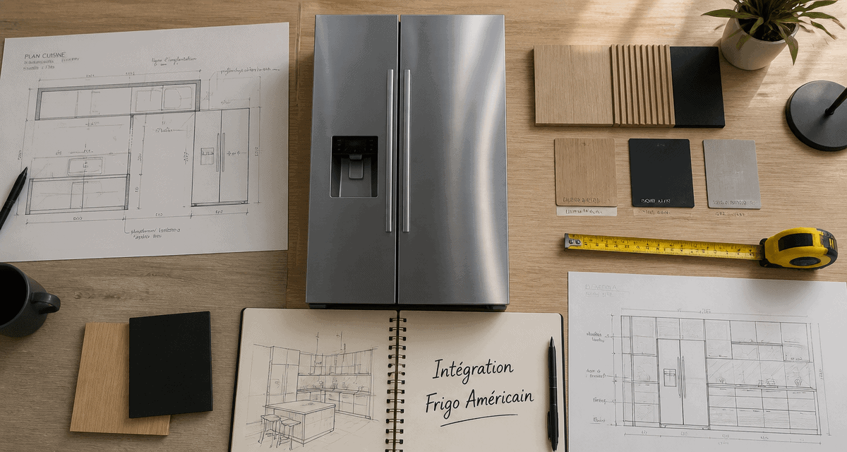 comment intégrer un frigo américain dans une cuisine, vue flat-lay moderne