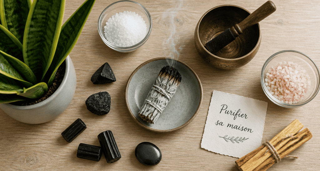 comment purifier sa maison des mauvaises ondes avec sauge, sel, pierres et bol tibétain
