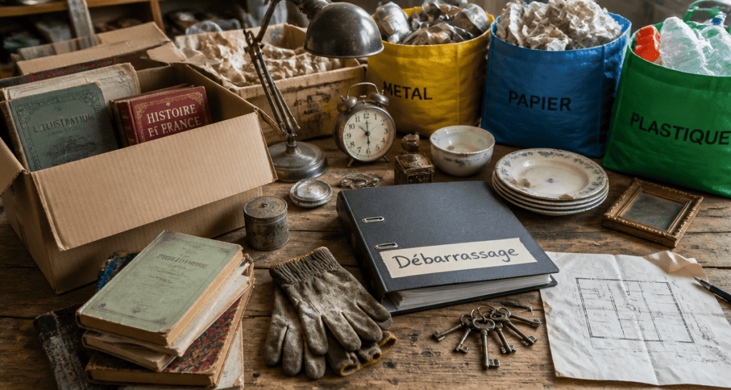 Débarrassage maison table cartons objets