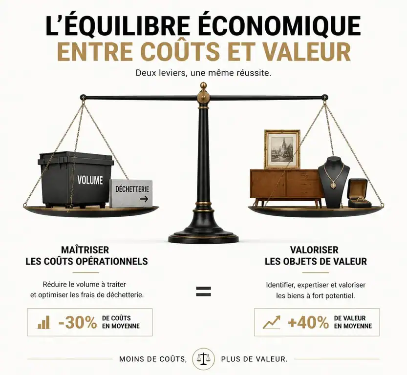 Infographie explicative du fonctionnement d'un vide maison gratuit : équilibre entre les frais de débarras et la valeur des objets.