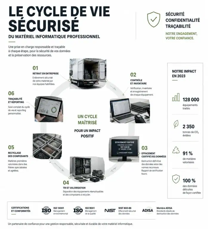 Schéma du processus de recyclage matériel informatique professionnel et destruction sécurisée des données