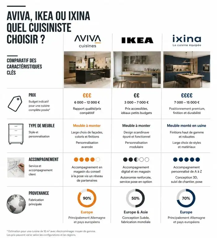 Tableau comparatif des cuisinistes Aviva, Ikea et Ixina pour choisir sa cuisine