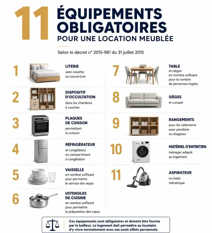 Infographie des 11 équipements obligatoires pour la liste mobilier location meublée