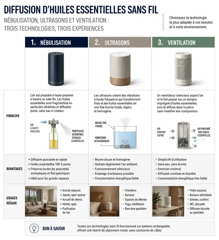 Infographie comparative des technologies de diffuseur d'huiles essentielles sans fil