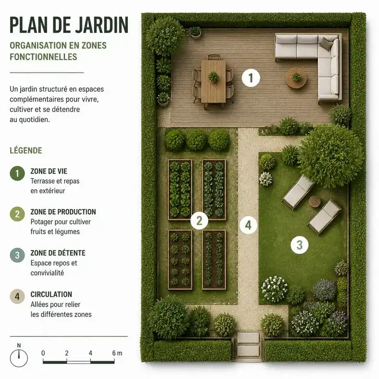 Plan de jardin aménagé avec zones de vie, potager et détente pour réussir son jardin