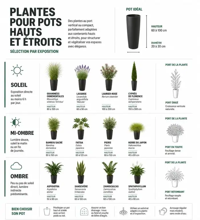 Infographie des meilleures plantes pour pot haut et étroit selon l'exposition