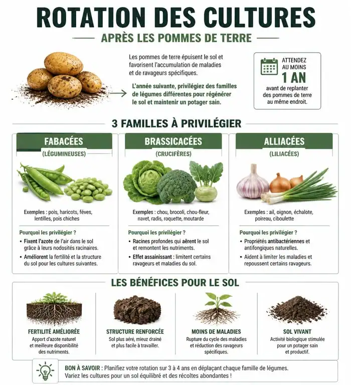 Infographie rotation des cultures après récolte des pommes de terre au potager