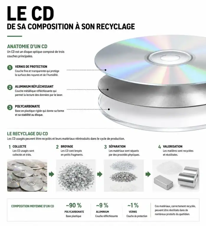 Infographie explicative sur le recyclage des CD et DVD : composition et étapes de valorisation des disques compacts