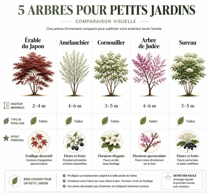 Infographie comparative des meilleurs arbres pour petit jardin : hauteur, feuillage et atouts