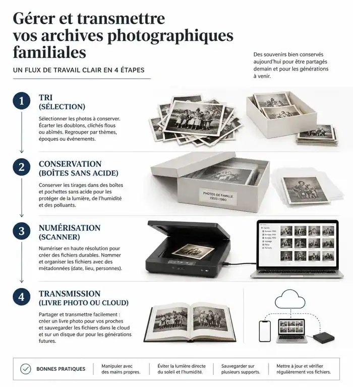 Infographie des étapes de tri, conservation et numérisation des vieilles photos de famille