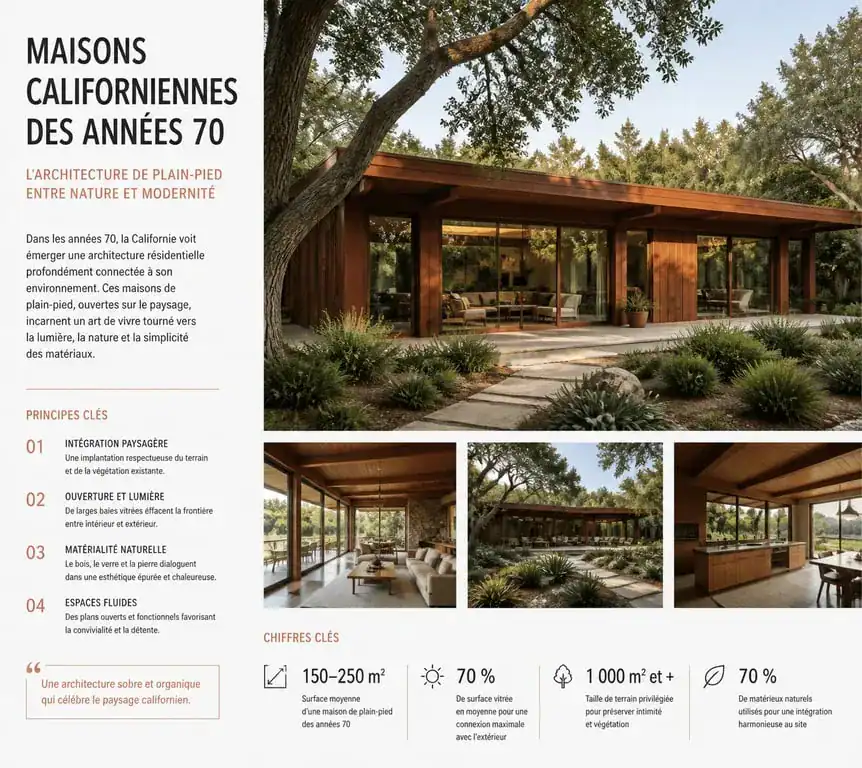 Maison californienne année 70 avec grandes baies vitrées et architecture en bois