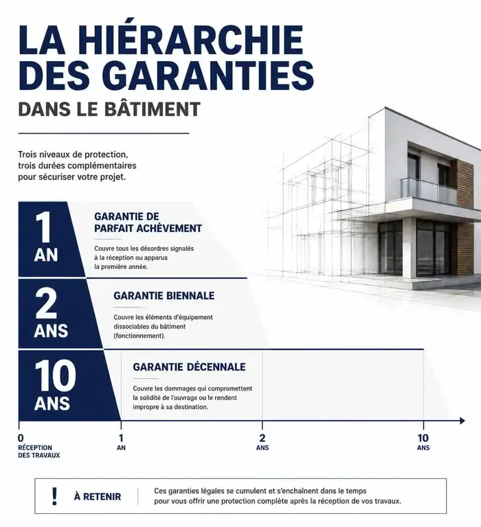 Tableau comparatif des garanties de construction : garantie décennale, biennale et parfait achèvement pour travauxnow