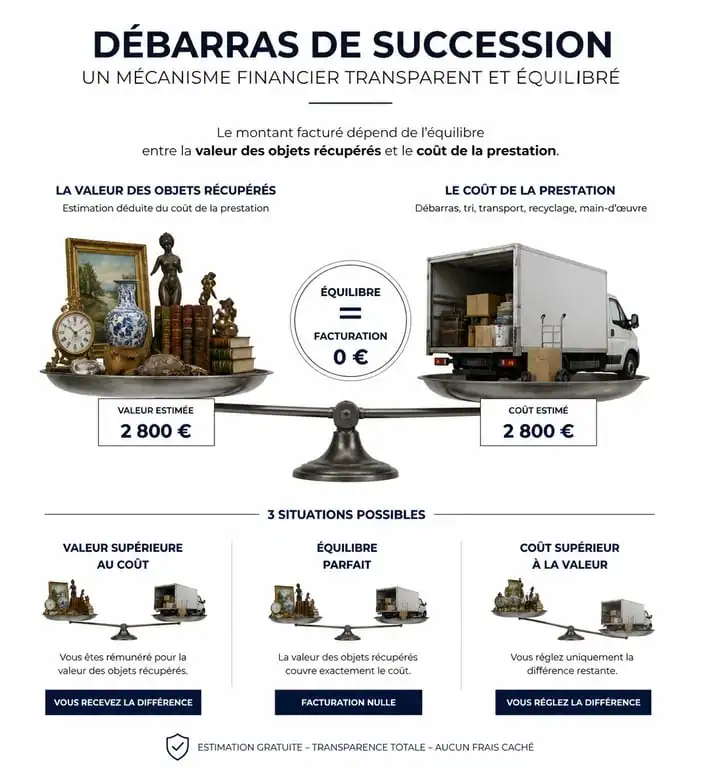 Schéma explicatif du mécanisme financier d'un débarras de succession : valorisation des objets et coût de la prestation.