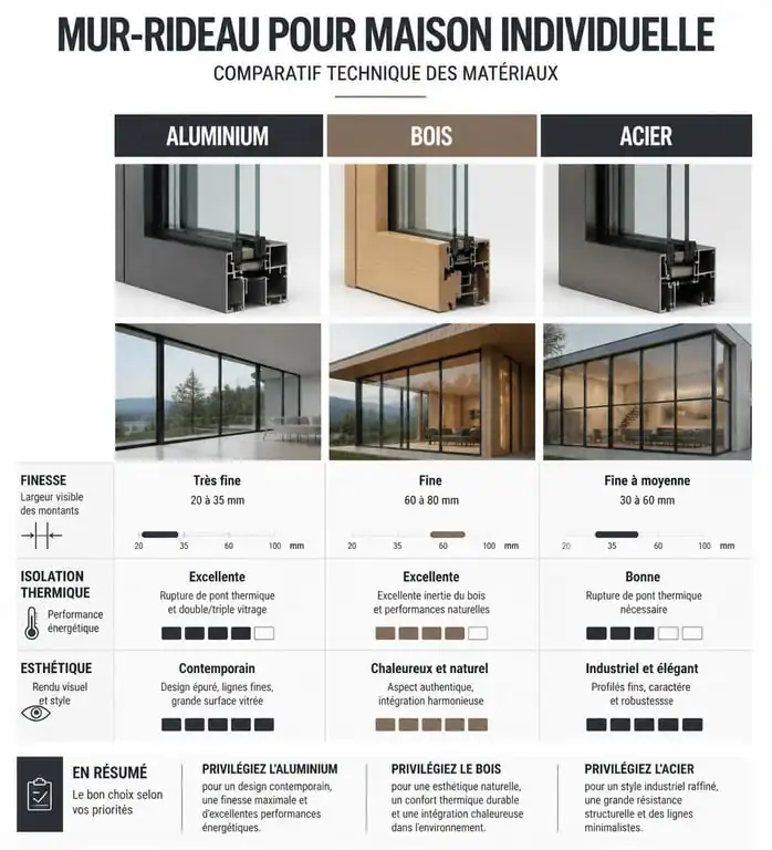 Comparatif des matériaux pour mur-rideau de maison individuelle : aluminium, bois et acier
