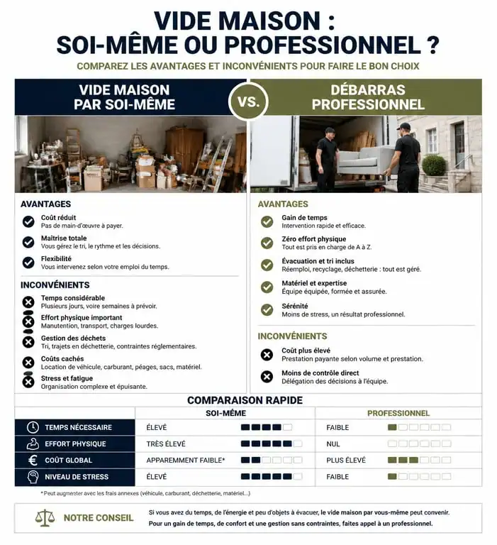 Infographie comparative : Vide maison par soi-même vs Débarras professionnel en Mayenne