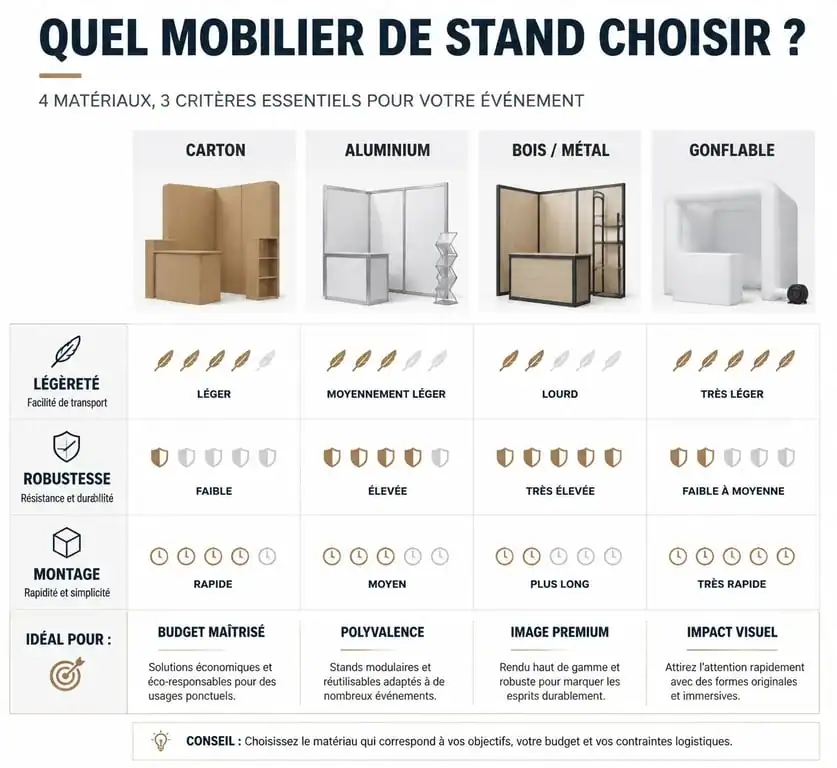 Comparatif des matériaux de mobilier pour stand exposition