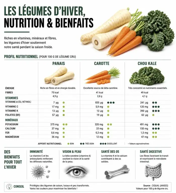 Infographie des bienfaits nutritionnels des légumes de décembre