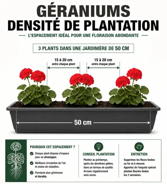 Infographie sur le nombre de géraniums par jardinière de 50 cm et espacement conseillé