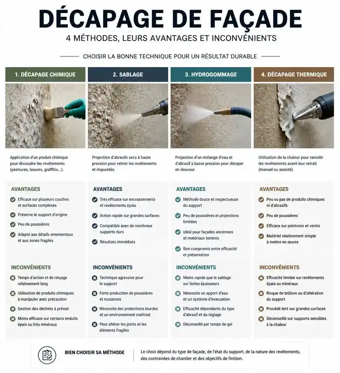 Infographie comparative des méthodes pour décaper une façade : chimique, sablage, hydrogommage et thermique