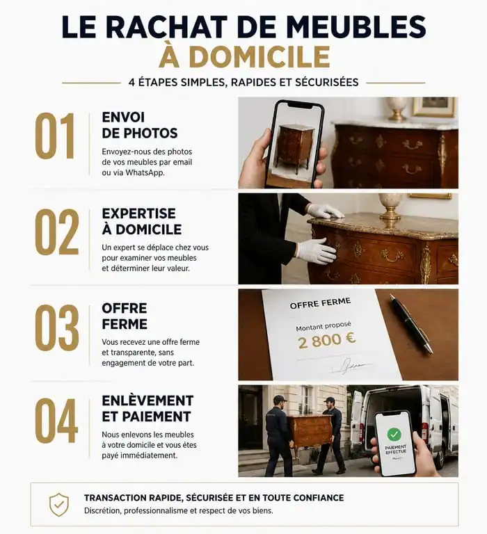 Infographie des étapes du processus de rachat de meubles à domicile par un professionnel