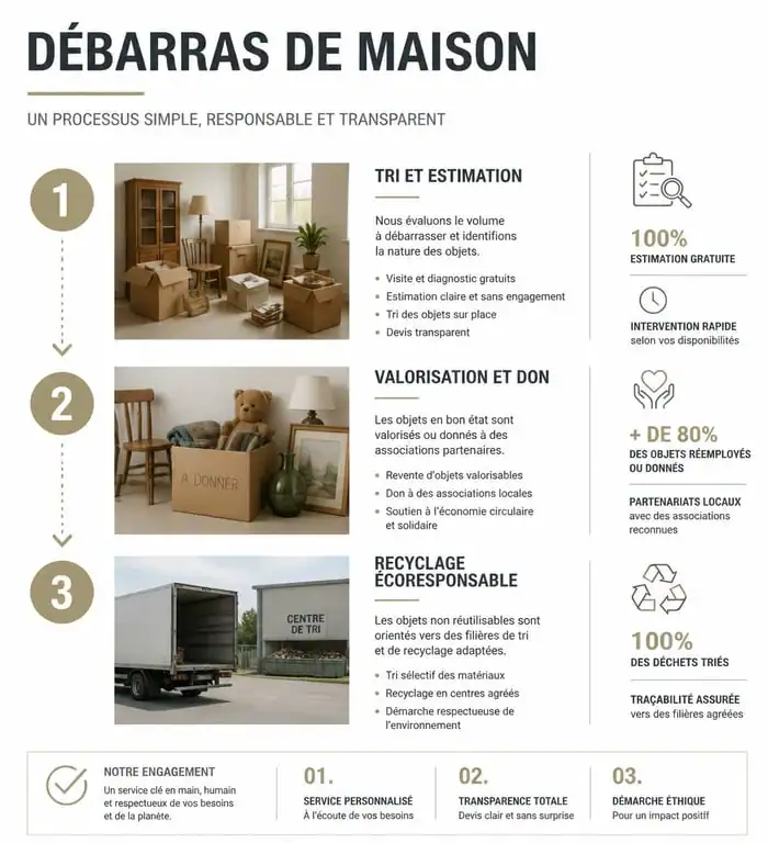 Processus de vide maison au Mans : étapes de tri, valorisation et recyclage des objets.