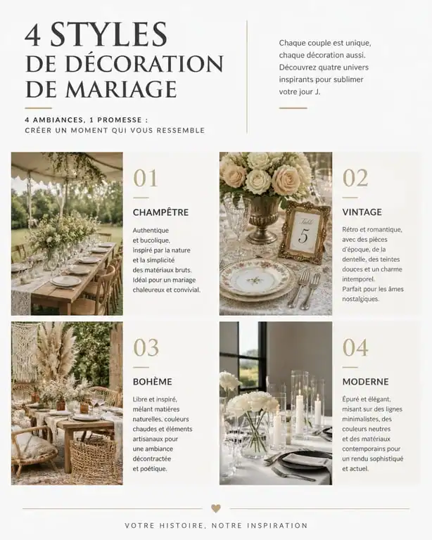 Exemples de styles de décoration de mariage : champêtre, vintage, bohème et moderne pour une inspiration mariage unique.