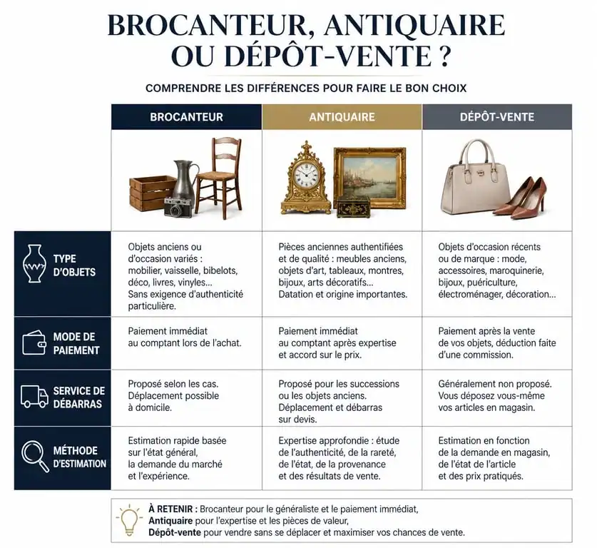 Infographie comparative des services de brocanteur, antiquaire et dépôt-vente en Saône-et-Loire 71