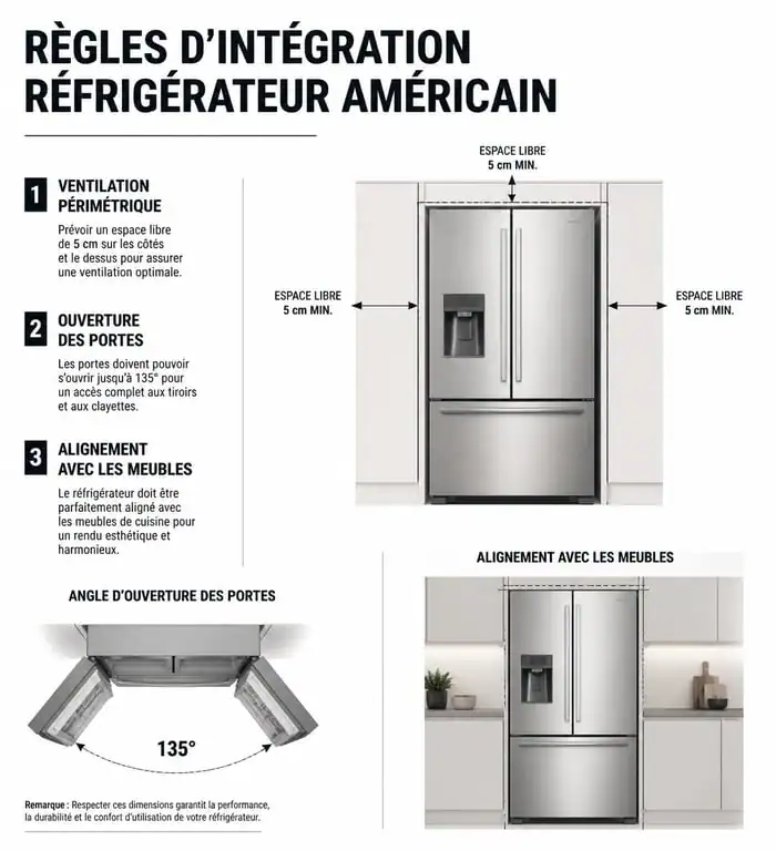 Schéma technique des règles d'intégration d'un frigo américain dans une cuisine