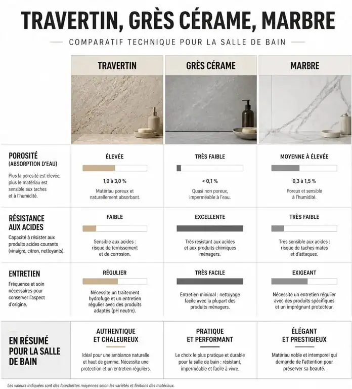 Comparatif des matériaux pour salle de bain : travertin, grès cérame et marbre, mettant en avant les inconvénients du travertin.