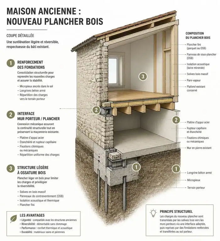 Schéma technique d'une surélévation de maison ancienne avec ossature bois