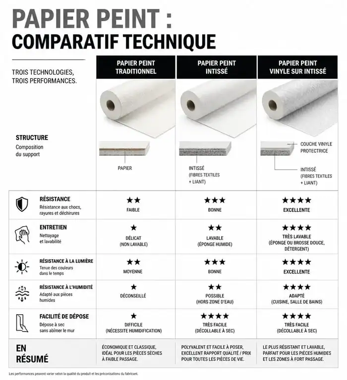 Tableau comparatif des caractéristiques techniques du papier peint intissé, traditionnel et vinyle