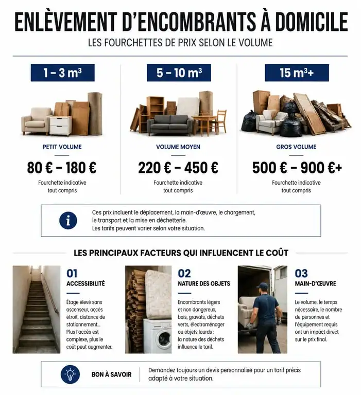 Infographie des prix et facteurs de coût pour l'enlèvement d'encombrants à domicile