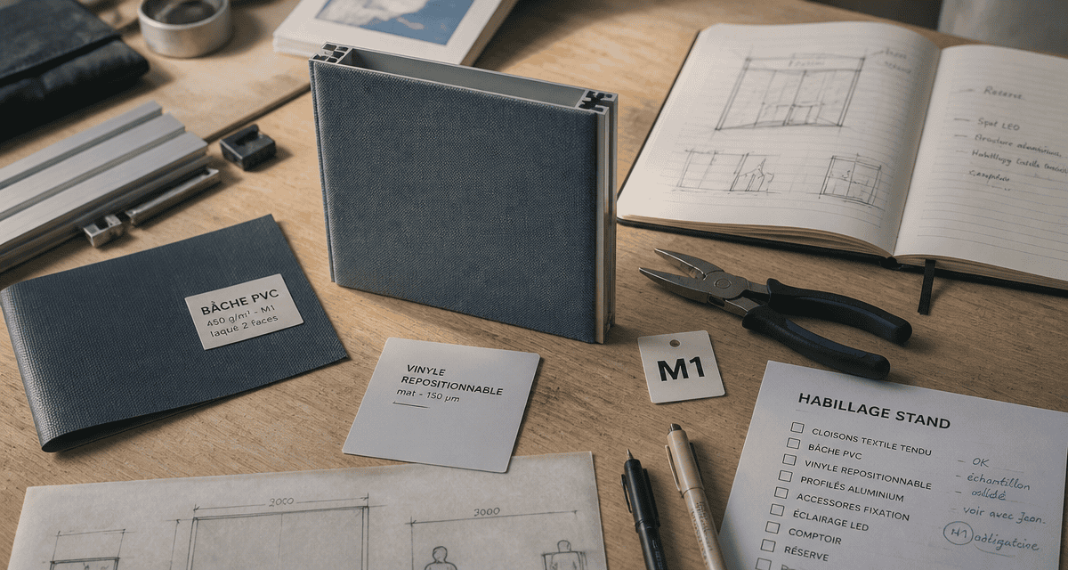 habillage stand salon matériaux sur bureau