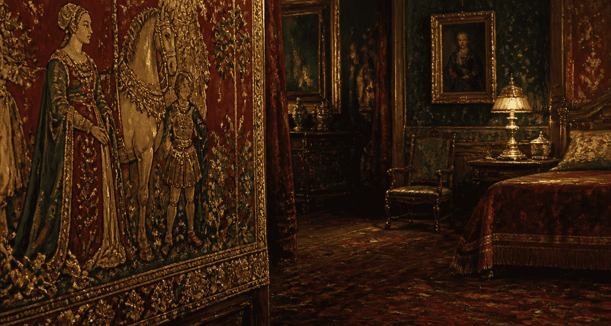 Le beau tissu de la tapisserie en soie et or, chambre XIXe