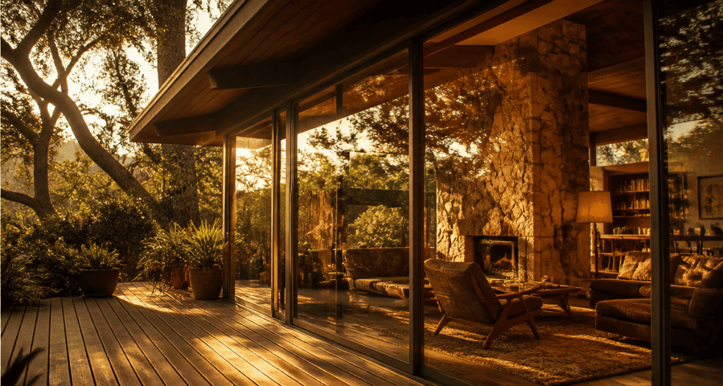 maison californienne année 70 avec baies vitrées et cheminée