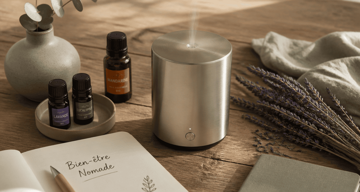 meilleur diffuseur huiles essentielles sans fil sur table bois avec fioles et lavande