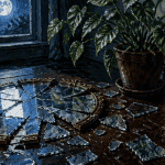 miroir cassé tout seul sur parquet avec plante et carnet spiritualité