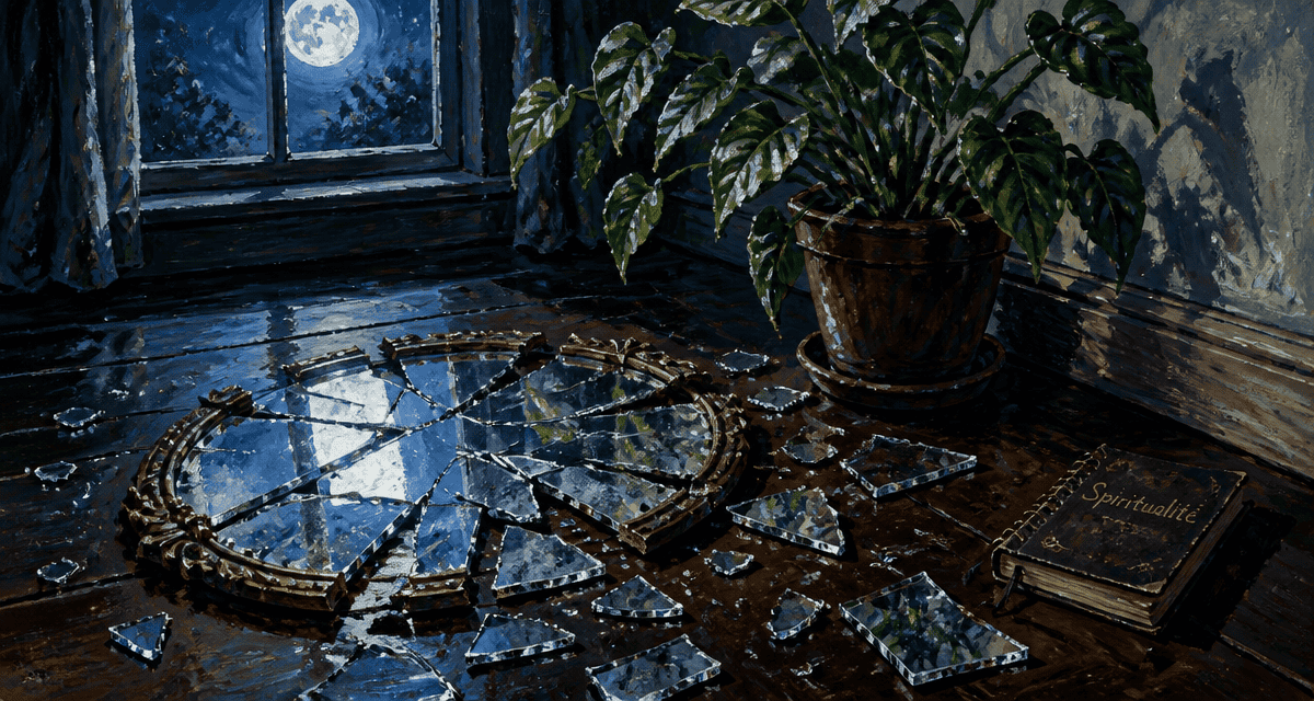 miroir cassé tout seul sur parquet avec plante et carnet spiritualité