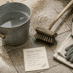 Nettoyer dalle de terrasse avec balai brosse et savon noir