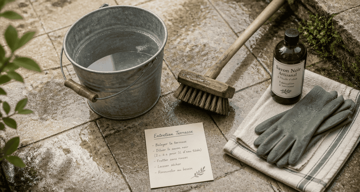 Nettoyer dalle de terrasse avec balai brosse et savon noir