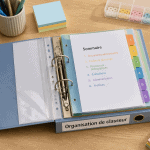 organisation classeur avec classeur ouvert et fournitures